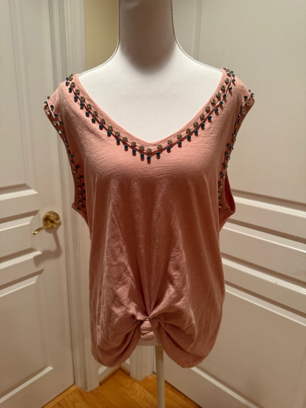 Vocal Dusty Rose Beaded V-Neck Knot Front Tank